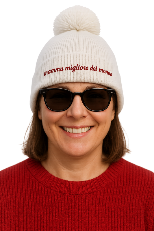 Cappello Pon Pon Ricamato | mamma migliore del mondo